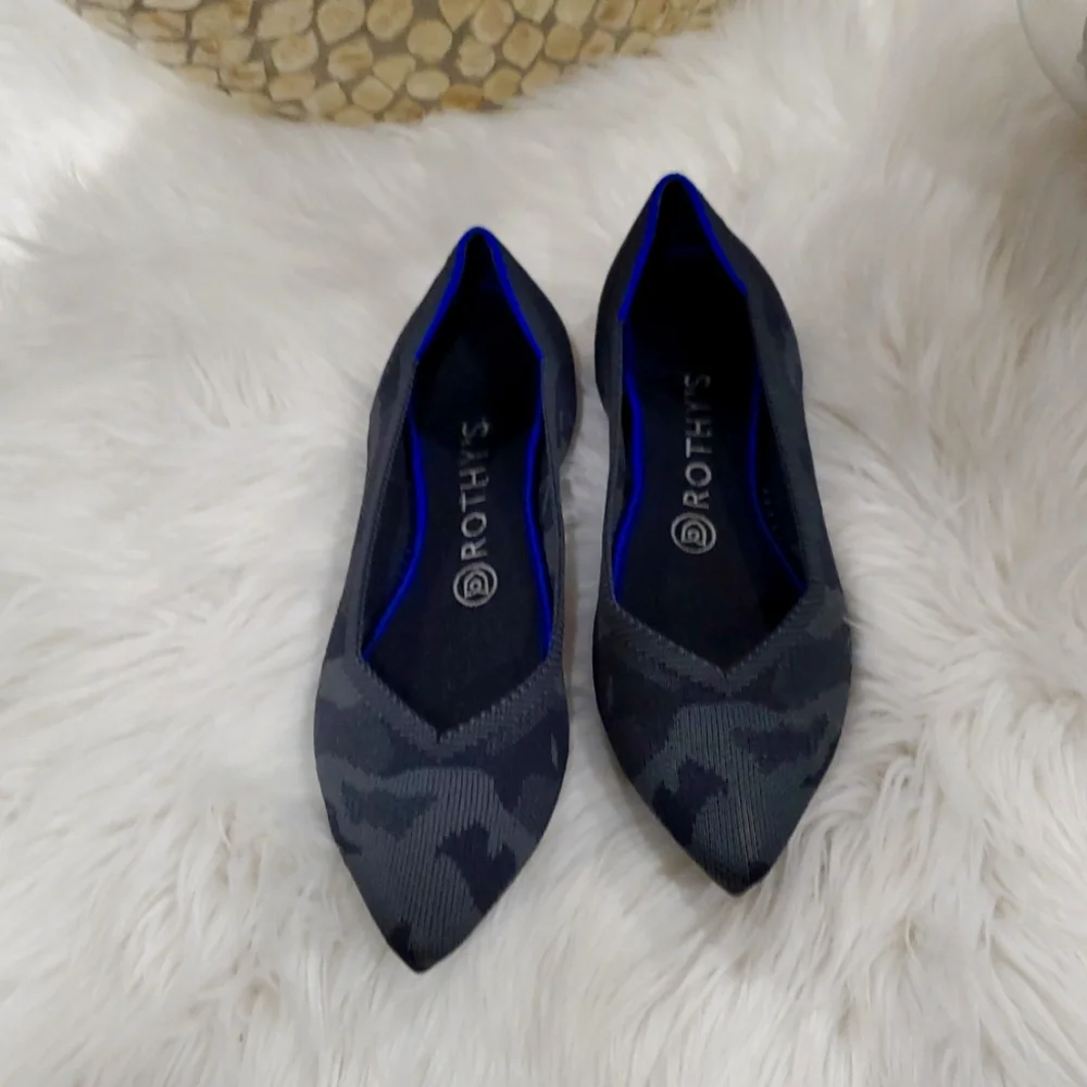 Rothy's The Point  Gray Camo  Flats with Sleek Pointed Toe and Blue Trim - Picture 12 of 16